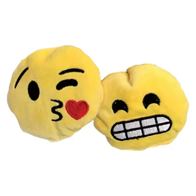 Two yellow plush toys in emoji shape: one with a kissing face and red heart, the other with a wide grin and closed eyes.
