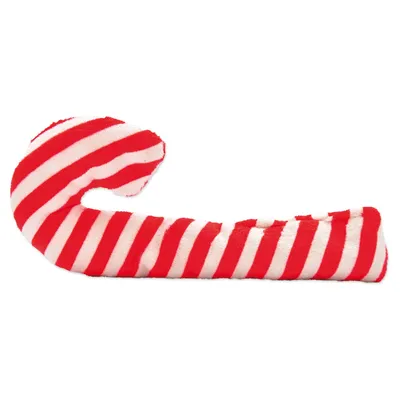 Играчка за домашни любимци във формата на бастун, с червени и бели ивици, изработена от плюш.