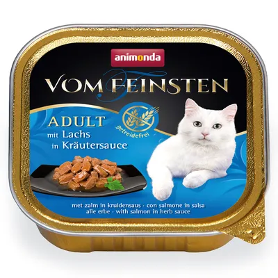 Adult food with salmon in herb sauce, grain-free, shown in a tray with chunks in sauce. Text in multiple languages: mit Lachs in Kräutersauce, with salmon in herb sauce.