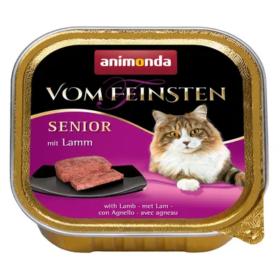 animonda Vom Feinsten SENIOR mit Lamm – пауч храна за котки, изображение на котка и парчета месо върху черна чиния, текст: with Lamb, met Lam, con Agnello, avec agneau