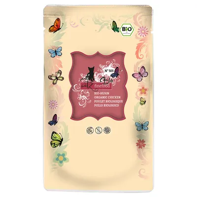 Confezione catz finefood Bio N°503, pollo biologico. Testo visibile: BIO-HUHN, ORGANIC CHICKEN, POULET BIOLOGIQUE, POLLO BIOLOGICO. Marchio BIO in alto a destra.