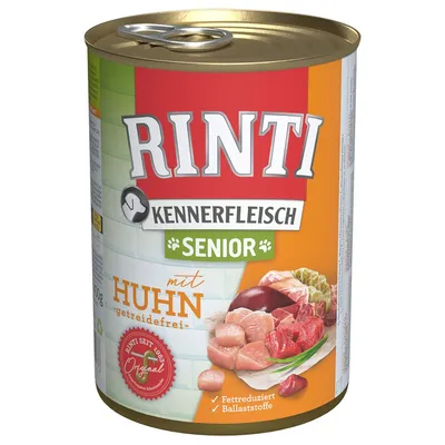 Rinti Kennerfleisch Senior mit Huhn, getreidefrei. Testo visibile: fettredzuziert, Ballaststoffe, Rinti seit 1988 Original. Immagine di carne e verdure sulla confezione.
