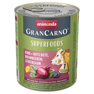 Conservă Animonda GranCarno Superfoods, text vizibil: Rind + Rote Bete, Brombeeren, Löwenzahn, 1 tierisches Protein, 100% frisches Rind, ohne Getreide, ohne Gluten, Made in Germany.