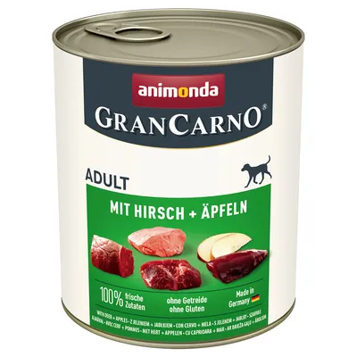 animonda GranCarno Adult, MIT HIRSCH + ÄPFELN, 100% frische Zutaten, ohne Getreide ohne Gluten, Made in Germany. Images of meat and apple slices on tin.