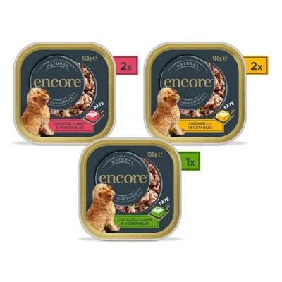 Encore hondenpaté 150g: 2x kip, rund & groenten; 2x kip & groenten; 1x kip, lam & groenten. Verpakking toont hond en productnaam op elk bakje.