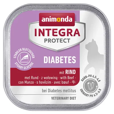 Animonda Integra Protect Diabetes z wołowiną. Stabilizowany poziom cukru we krwi, pH moczu 6,5-6,8. Przy cukrzycy. Veterinary Diet.
