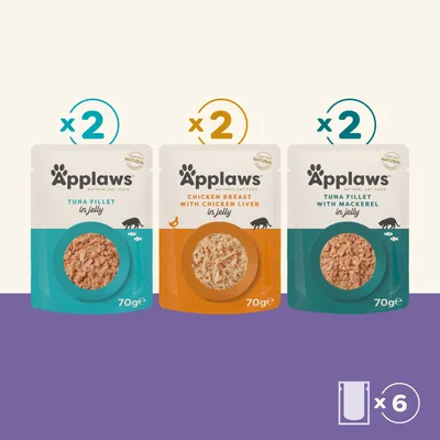 Applaws Natural Cat Food: 2x Tuna Fillet in Jelly, 2x Chicken Breast with Chicken Liver in Jelly, 2x Tuna Fillet with Mackerel in Jelly, each 70 g, a total of 6 pouches. Applaws Natural Cat Food: 2x Tuna Fillet in Jelly, 2x Chicken Breast with Chicken Liver in Jelly, 2x Tuna Fillet with Mackerel in Jelly, each 70 g, a total of 6 pouches.