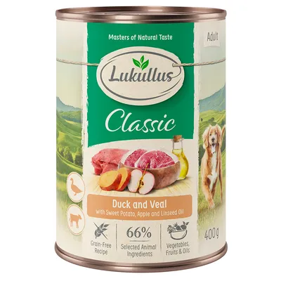 Lukullus Classic Adult nedves eledel, kacsa és borjú édesburgonyával, almával és lenolajjal. Gabonamentes, 66% válogatott állati összetevő, zöldség, gyümölcs és olaj. 400g konzerv.