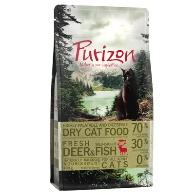 Purizon Nature is our Inspiration, dry cat food, 70 % selected animal ingredients, 30 % fruit, vegetables & herbs, 0 % added grain, fresh deer & fish, 400 g, made in Europe