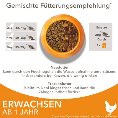 Gemischte Fütterungsempfehlung für Katzen: 3kg 40-55g, 4kg 50-65g, 5kg 55-75g. Ersetze 20g Trockenfutter durch 1x 85g Nassfutter. Geeignet ab 1 Jahr. Vorteile von Nass- und Trockenfutter beschrieben.