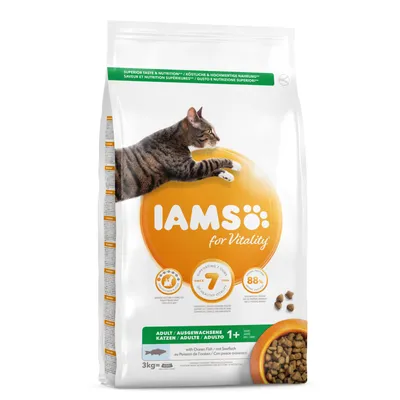 IAMS for Vitality Adult 1+ Ocean Fish -kuivaruoka kissoille, 3 kg pussi. Pakkauksessa kuva raidallisesta kissasta ja oranssi ruokakuppi nappuloilla.