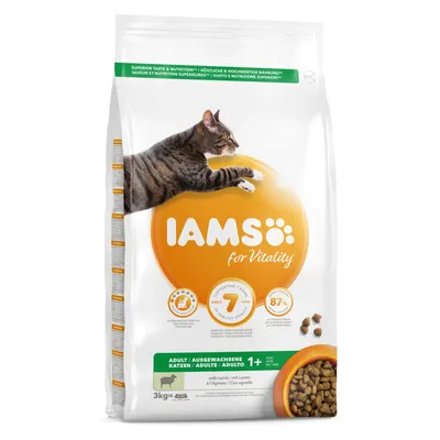 IAMS for Vitality aikuisen kissan kuivaruoka, lampaanlihalla, 3 kg. Pakkauksessa näkyy kissa ja kulhollinen nappuloita. Teksti: Adult 1+, 87 % eläinproteiinia.