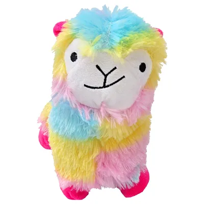 Plush toy shaped like a colourful llama with yellow, blue, pink, and magenta fur. Suitable for pets to play with.
