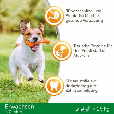 Saksankielinen teksti: Rübenschnitzel und Prebiotika für eine gesunde Verdauung, Tierische Proteine für den Erhalt starker Muskeln, Mineralstoffe zur Reduzierung der Zahnsteinbildung.