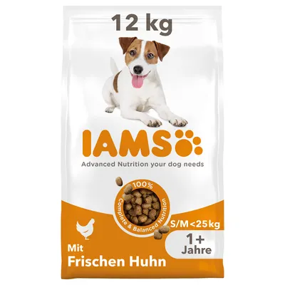 IAMS torrfoder med färsk kyckling, 12 kg, för hundar S/M <25 kg, från 1 år. 100% komplett och balanserad näring.
