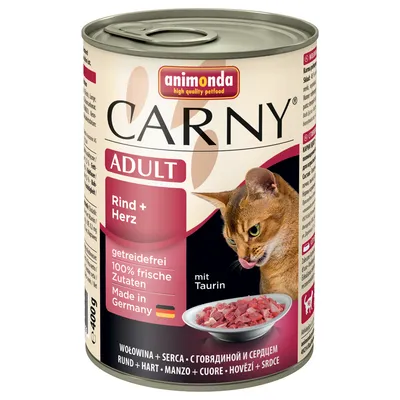 animonda CARNY ADULT Rind + Herz, getreidefrei, 100% frische Zutaten, Made in Germany, mit Taurin, dåse 400 g. Billede af kød i skål og kat på emballagen.
