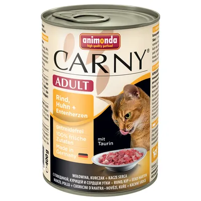 animonda CARNY ADULT kattemad, Rind, Huhn + Entenherzen, 400 g. Tekst: getreidefrei, 100% frische Zutaten, Made in Germany, mit Taurin. Billede af kød i skål.