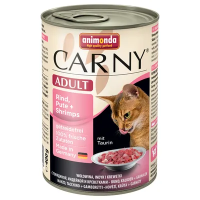 animonda Carny ADULT Rind, Pute + Shrimps, getreidefrei, 100% frische Zutaten, Made in Germany, mit Taurin, dåse 400 g. Billede af kød i skål.
