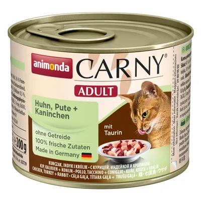 Conservă animonda Carny Adult, Huhn, Pute + Kaninchen, fără cereale, 100% ingrediente proaspete, Made in Germany, cu taurină, 200 g. Imagine cu pisică și bol cu hrană.