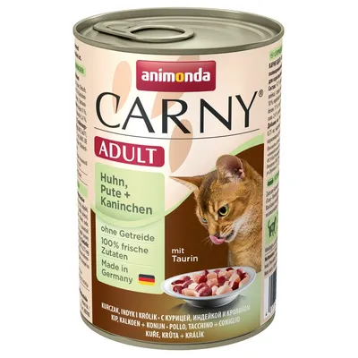 animonda CARNY ADULT Huhn, Pute + Kaninchen. Ohne Getreide, 100% frische Zutaten, Made in Germany, mit Taurin. Dåse med billede af kød i skål.