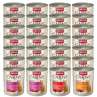 Animonda Carny Adult τροφή για γάτες, ποικιλίες: Multifleisch-Cocktail, καθαρό βοδινό, βοδινό & κοτόπουλο. 100% φρέσκα συστατικά, χωρίς δημητριακά, χωρίς σόγια. Η εικόνα δείχνει πολλές κονσέρβες.