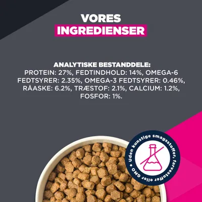 Protein 27%, fedt 14%, omega-6 2,35%, omega-3 0,46% Protein 27%, fedt 14%, omega-6 2,35%, omega-3 0,46%
