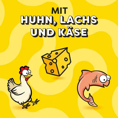Mit Huhn, Lachs und Käse. Illustration von Huhn, Lachs und Käse auf gelbem Hintergrund.