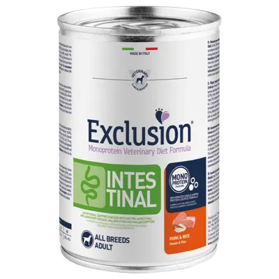 Exclusion Monoprotein Veterinary Diet Formula Intestinal, alimento umido per cani adulti di tutte le razze, maiale e riso, Made in Italy, formula monoproteica visibile sulla confezione.