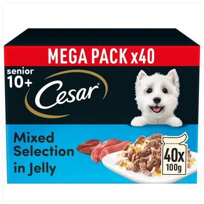 Cesar senior 10+ mixed selection in jelly, mega pack of 40 trays, each 100g. Image shows food pieces in jelly and meat slices.