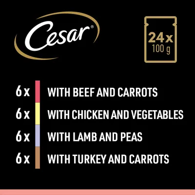Cesar 24x100g: 6x with beef and carrots, 6x with chicken and vegetables, 6x with lamb and peas, 6x with turkey and carrots. Testo in inglese.