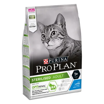 Purina Pro Plan Sterilised Adult суха храна за котки, 1+ години, с Optirenal и заек. Видими надписи: NO ADDED ARTIFICIAL COLOURANTS, PIECES OF RABBIT, isfm.