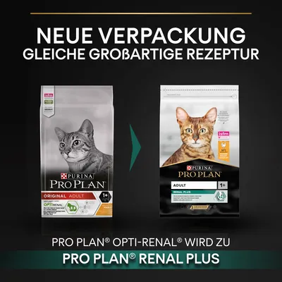 Neue Verpackung, gleiche grossartige Rezeptur. Pro Plan Opti-Renal wird zu Pro Plan Renal Plus. Katzenfutter für Erwachsene ab 1 Jahr.