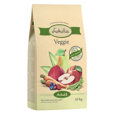 Sac Lukullus Veggie Adult 10 kg, pois avec carotte et pomme, mention pressé à froid, illustrations de légumes et fruits visibles sur l’emballage.