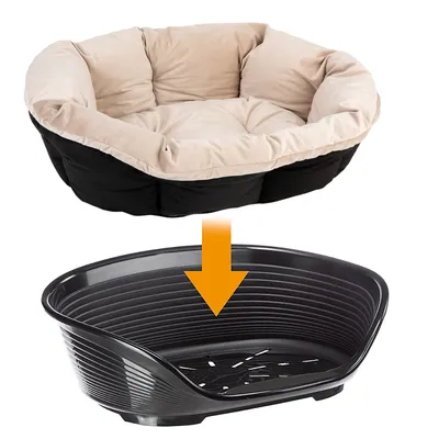 Cushioned bed shown above a plastic basket with an arrow indicating the cushion is to be placed inside the basket for use.