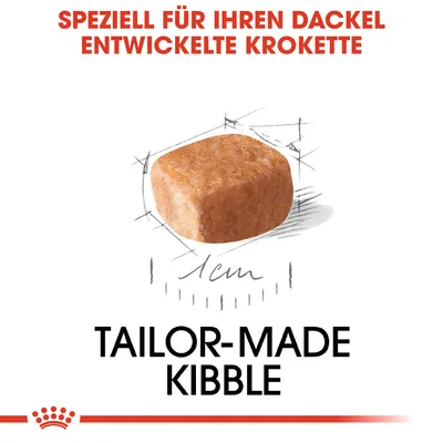 Speziell für Ihren Dackel entwickelte Krokette. Tailor-made Kibble mit skizziertem Design und Massangaben.
