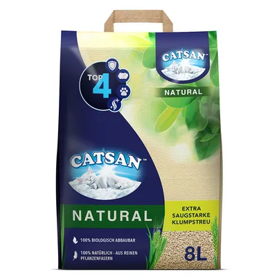 Catsan Natural, extra saugstarke Klumpstreu, 8L. 100% biologisch abbaubar, 100% natürlich aus reinen Pflanzenfasern. Top 4 Eigenschaften hervorgehoben.