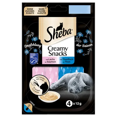 Sheba Creamy Snacks pour chat, 4 x 12 g, au saumon et au thon, sans sucre ajouté, MSC, se donne à la main. Texte en allemand et néerlandais visible sur l’emballage.