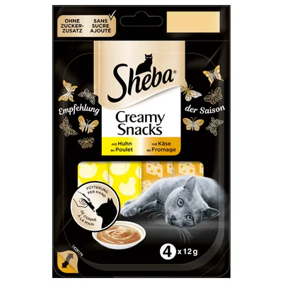 Sheba Creamy Snacks per gatti, senza zuccheri aggiunti, con pollo e formaggio, confezione da 4 x 12g. Indicazione: somministrazione a mano. Testo anche in tedesco e francese.
