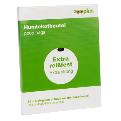 zooplus Hundekotbeutel poop bags, Extra reißfest Extra strong, 50 x biologisch abbaubare Hundekotbeutel, 50 x biodegradable poop bags. Tekst na njemačkom i engleskom jeziku.