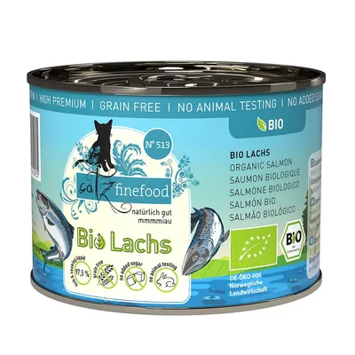 Scatoletta catz finefood Bio Lachs N°513, salmone biologico, grain free, no animal testing, senza zuccheri aggiunti, 97,5% ingredienti animali, certificato bio DE-ÖKO-006.