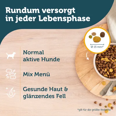 Rundum versorgt in jeder Lebensphase. Normal aktive Hunde, Mix Menü, gesunde Haut & glänzendes Fell. Krokettengrösse Ø 15 mm gilt für die grösste Krokette.