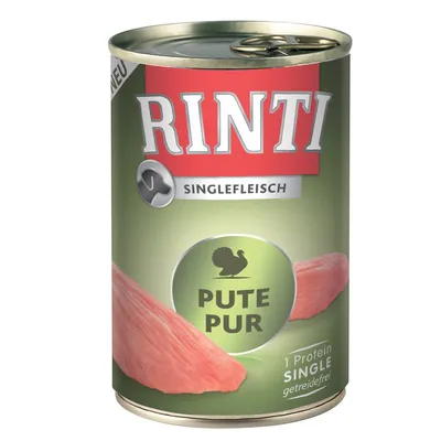 RINTI SINGLEFLEISCH dåse med teksten PUTE PUR, 1 Protein SINGLE, getreidefrei. Billede af kalkunkød på grøn baggrund.