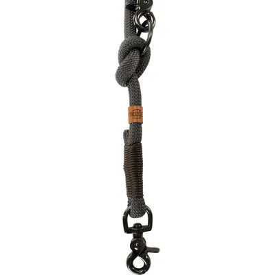 Grey dog lead made of braided material with metal snap hook and brown leather label with the inscription 'TRIXIE'.