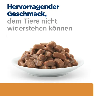 Hervorragender Geschmack, dem Tiere nicht widerstehen können. Abgebildet ist ein Teller mit saftigen Fleischstücken in Sosse.