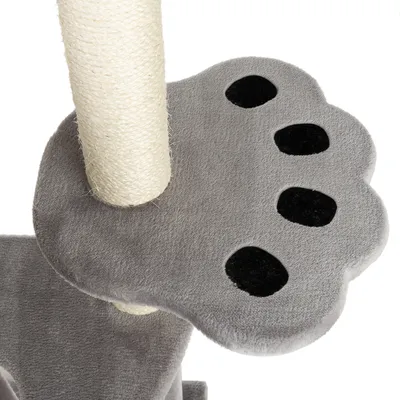 Grey scratching post platform in paw shape with sisal scratching pole. Close-up of design and material.