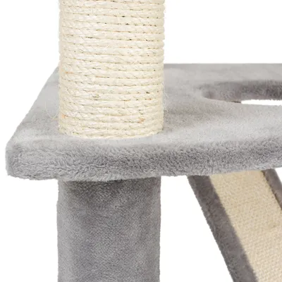 Cat tree with grey plush cover and sisal-wrapped scratching post, suitable for cats for scratching and climbing.