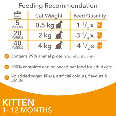 Etetési útmutató kölyökmacskáknak: 5 hét 0,5 kg 1,5×85g; 20 hét 2 kg 3,25×85g; 40 hét 4 kg 4,25×85g. KITTEN 1–12 MONTHS. Szöveg angolul: 99% állati fehérje, nincs hozzáadott cukor, töltőanyag.