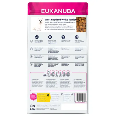 Back of Eukanuba West Highland White Terrier food bag showing feeding guide, key benefits like prebiotics for digestion, special kibble shape, animal proteins, and dosage table by weight.