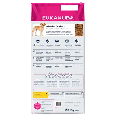 Back of Eukanuba bag showing feeding guide, product features, nutritional information, and recommended daily portions in grams for different weights. Net weight displayed as 12kg.