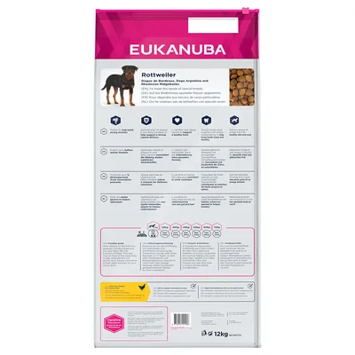 Back of Eukanuba bag showing feeding guide, nutritional information, product features for Rottweiler and other breeds, ingredient highlights, and daily portion chart for different weights.
